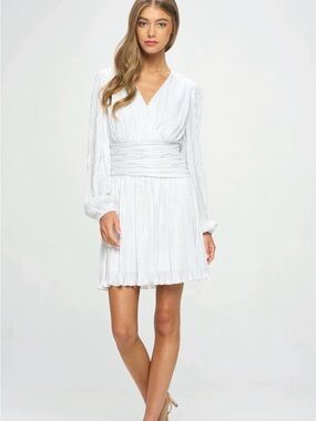GPD Long Sleeve White V-Neck Pleated Waistband Mini Dress